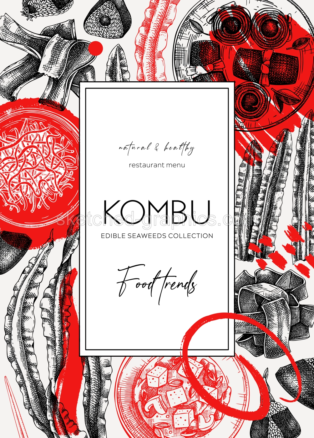 Hand-drawn Kombu frame design. Edible seaweed flyer template in collage style. Sea vegetable illustrations. Healthy food vector background. For Japanese cuisine, restaurant menu design, packaging. Illustration